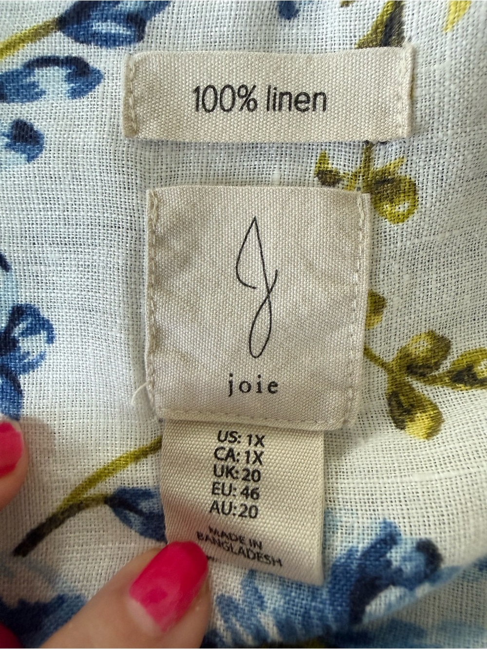 Joie White Floral Button-Up 💯 Linen Blouse with Blue and Green Print Size 1x - Picture 7 of 7